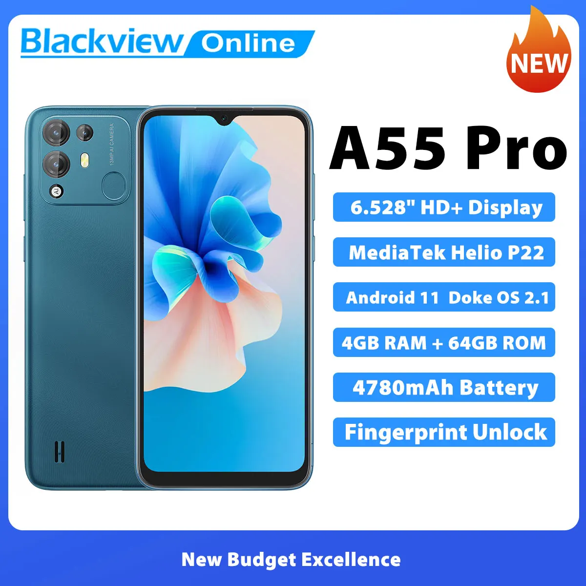 

Blackview A55 Pro Smartphone 6.52" Display Android 11 Mobile Phone 4GB 64GB Helio P22 Octa Core 13MP Camera 4780mAh Cell Phone