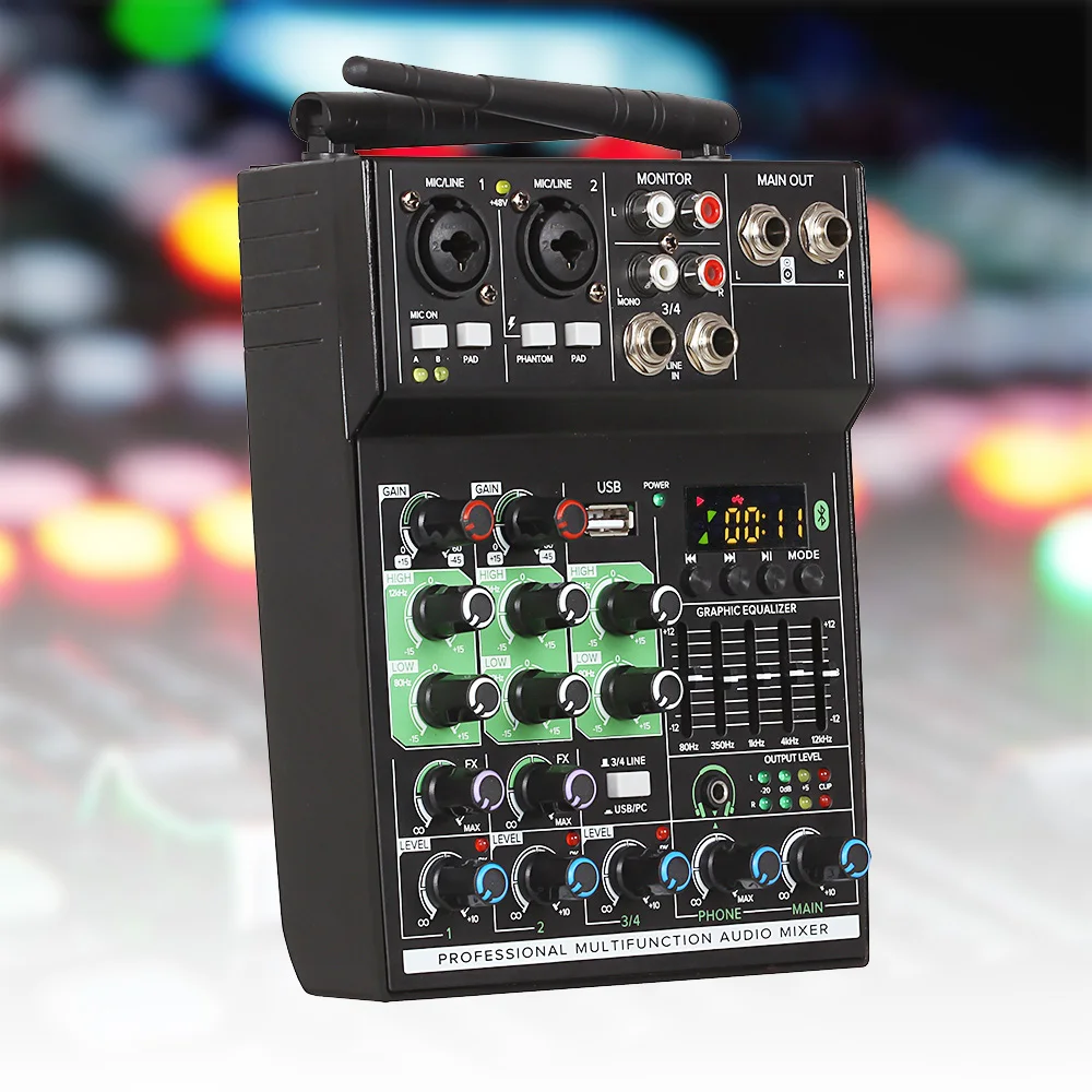 GT4 4 Channels Audio Mixer with1 Drag 2 Wireless Mics Mixing Console with Bluetooth USB Effect for DJ Karaoke PC Guitar - купить по