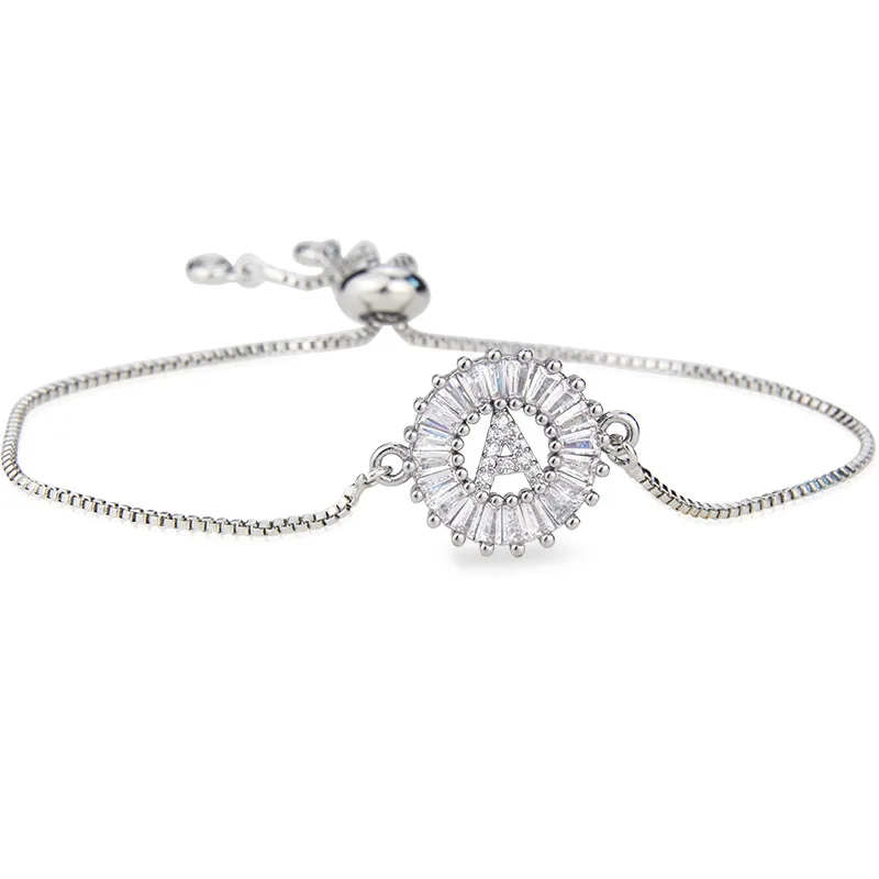 

Women Initial Letter Bracelet Platinum Stainless Steel Round Zircon 26 Letters Name Charm Bracelet Girl Jewelry Gift Wholesale