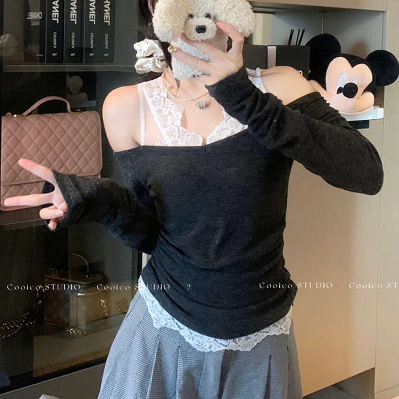 Женский свитер с кружевным воротником осень 2024 новый корейский универсальный