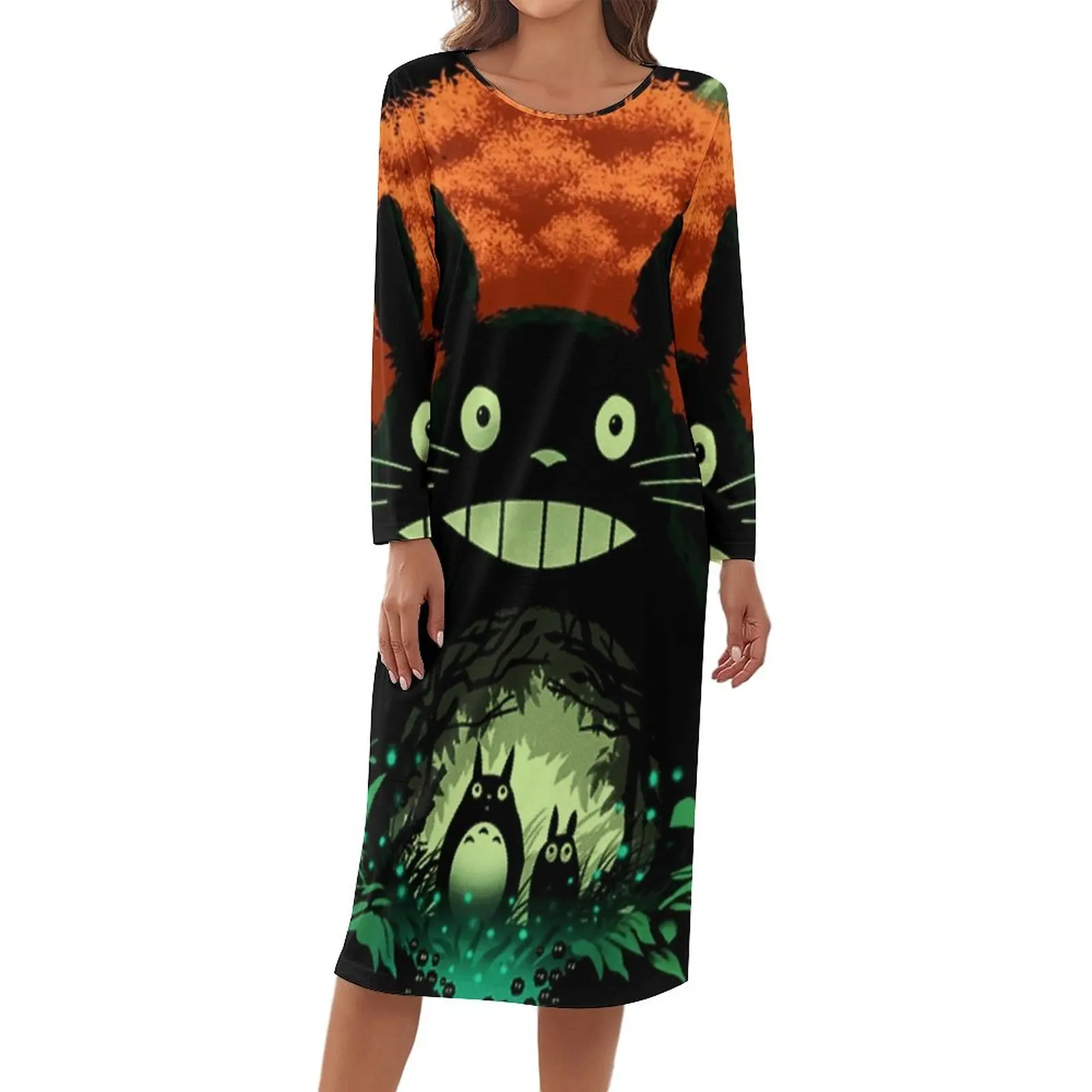 

Totoro Dark Night Pajamas Japanese Manga Print Lovely Dresses Long Sleeve Printed Nightgown Female O Neck Bedroom Pajama