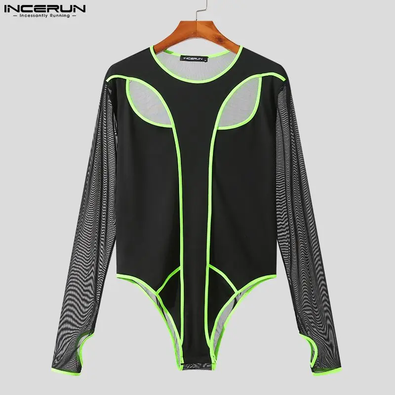 

INCERUN Men Bodysuits Mesh Patchwork Hollow Out Sexy O-neck Long Sleeve Transparent Men Rompers T Shirt Streetwear 2023 Bodysuit