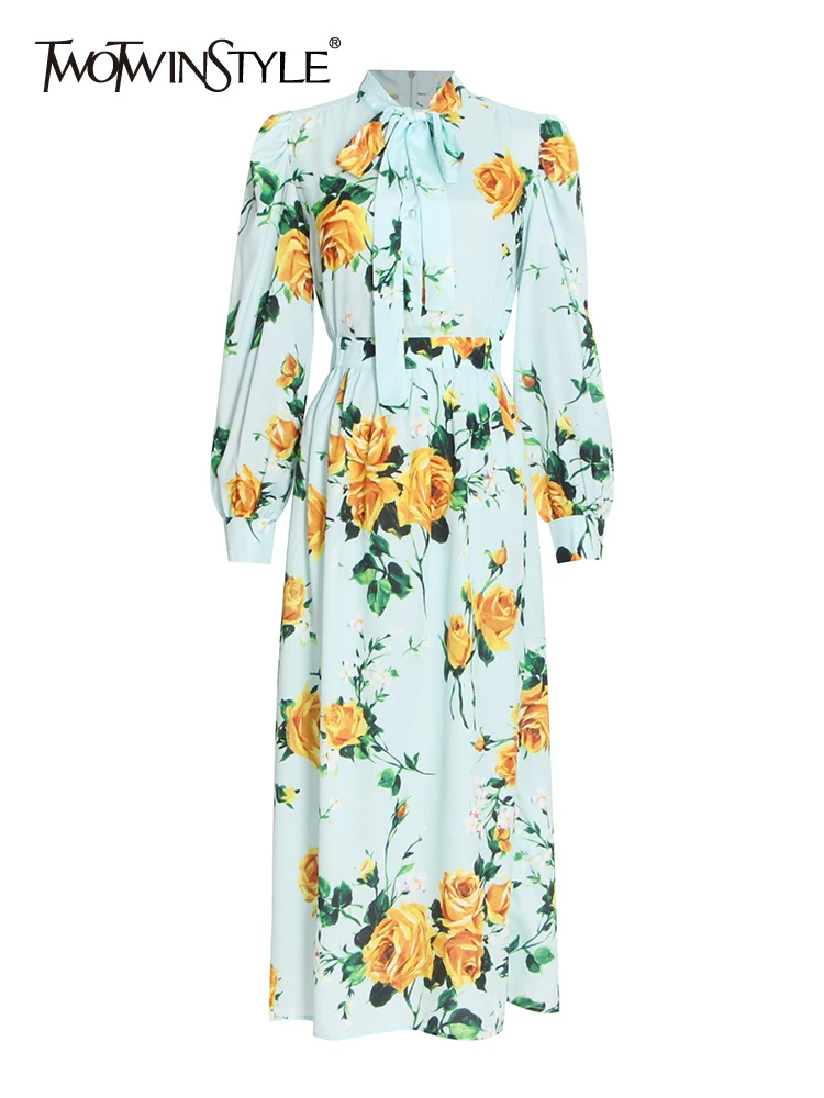 

TWOTWINSTYLE Elegant Print Dress For Women Lace Up Collar Loose Long Sleeve High Waist Casual Dresses Female 2022 Spring Clothes