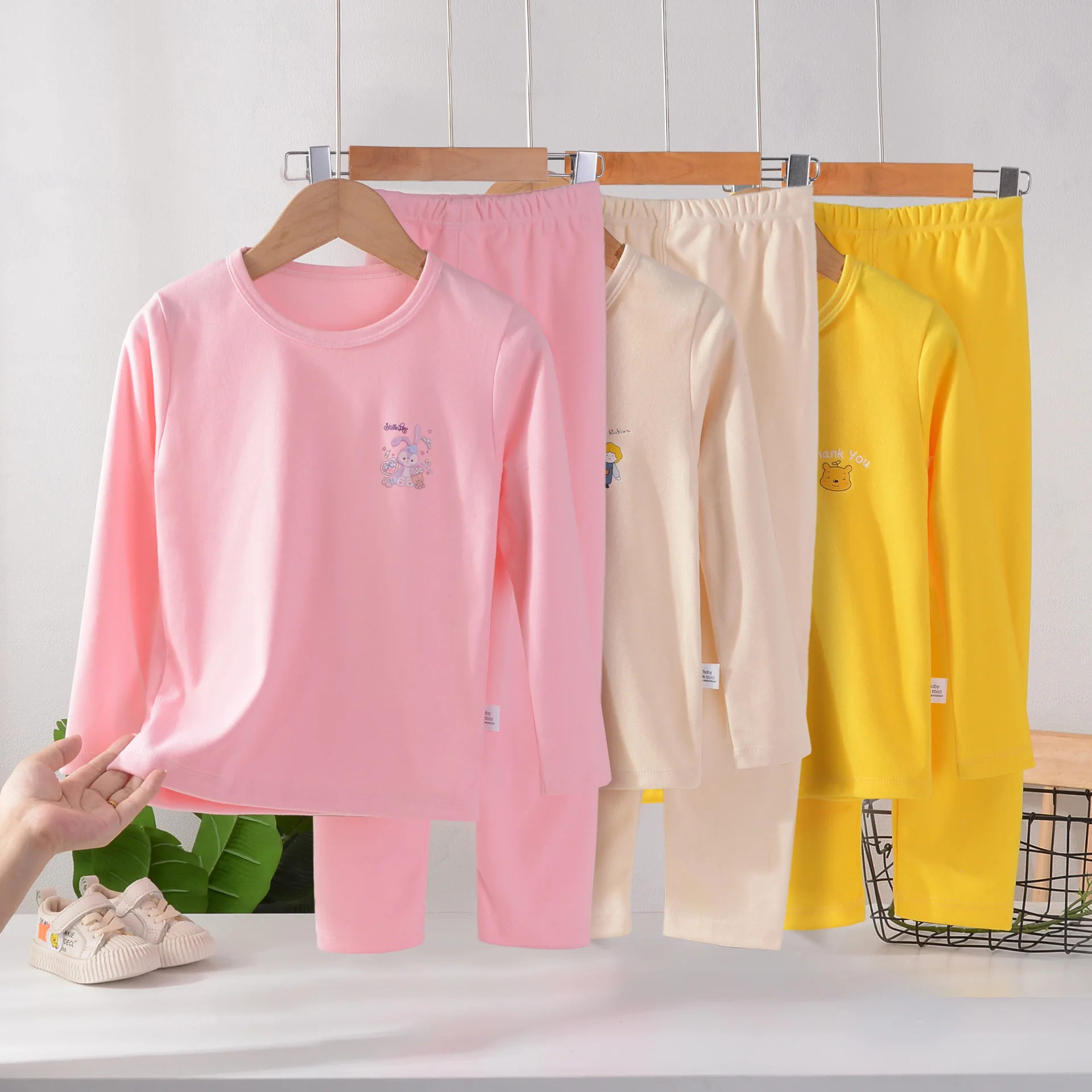 

Children's Long Johns Top & Bottom Set Suit Dralon Autumn and Winter Thermal Underwear Solid Color round Neck Thickened Base