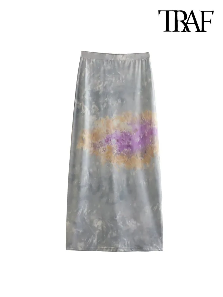 

TRAF Women Fashion Tie-dye Print Midi Skirt Vintage High Waist With Elastic Waistband Female Skirts Mujer