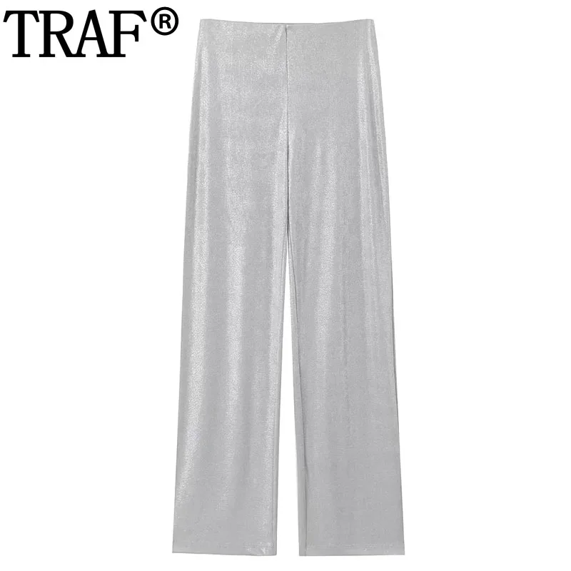 

TRAF 2023 Silver Pants For Women High Waist Summer Woman Fluid Pants Sets Y2K Streetwear Metallic Gold Women's Trousers