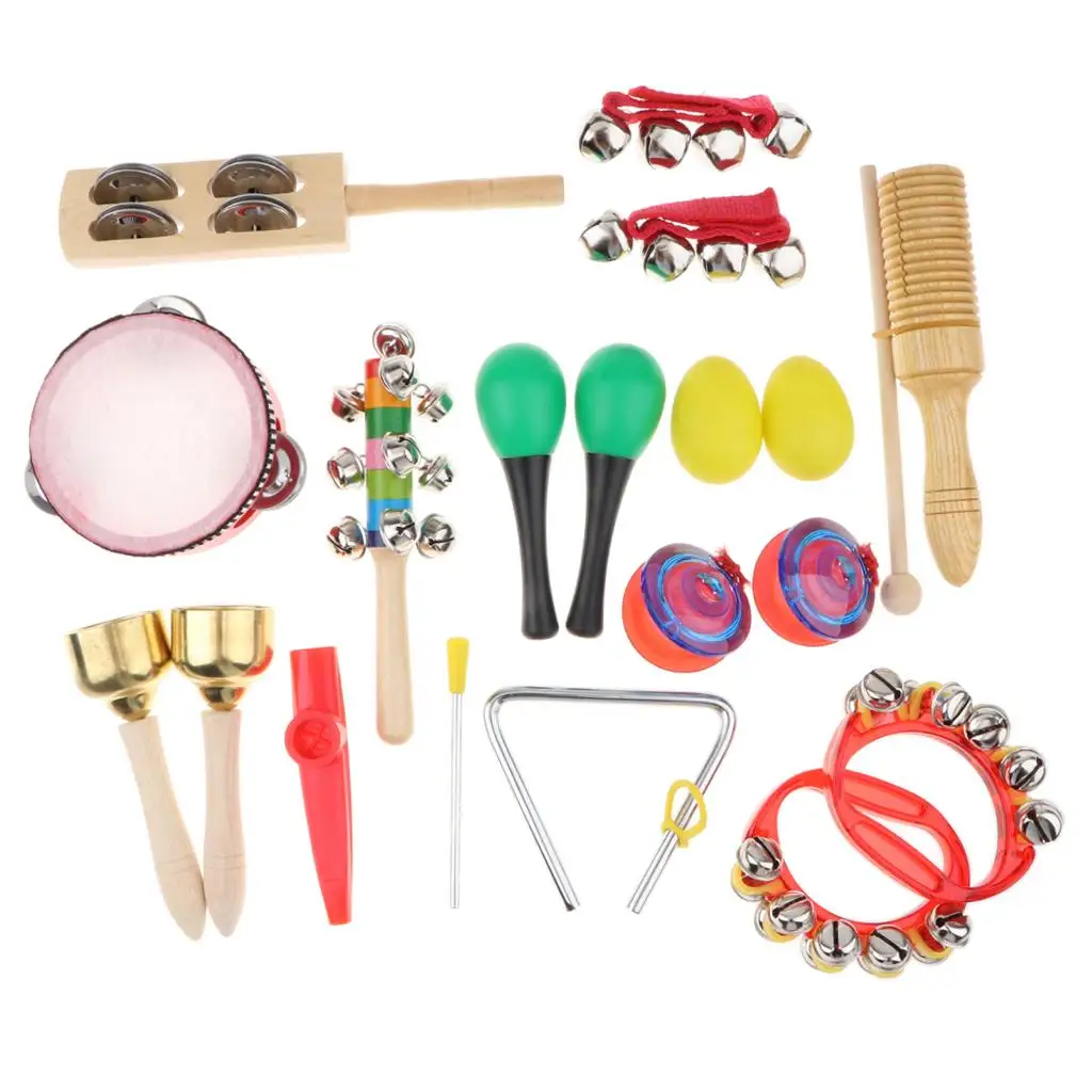 Musical Instruments 18 pcs 12 in 1 Music Rhythm Percussion Toy Set Educational for Kids Tambourine Claves Handbell Bag