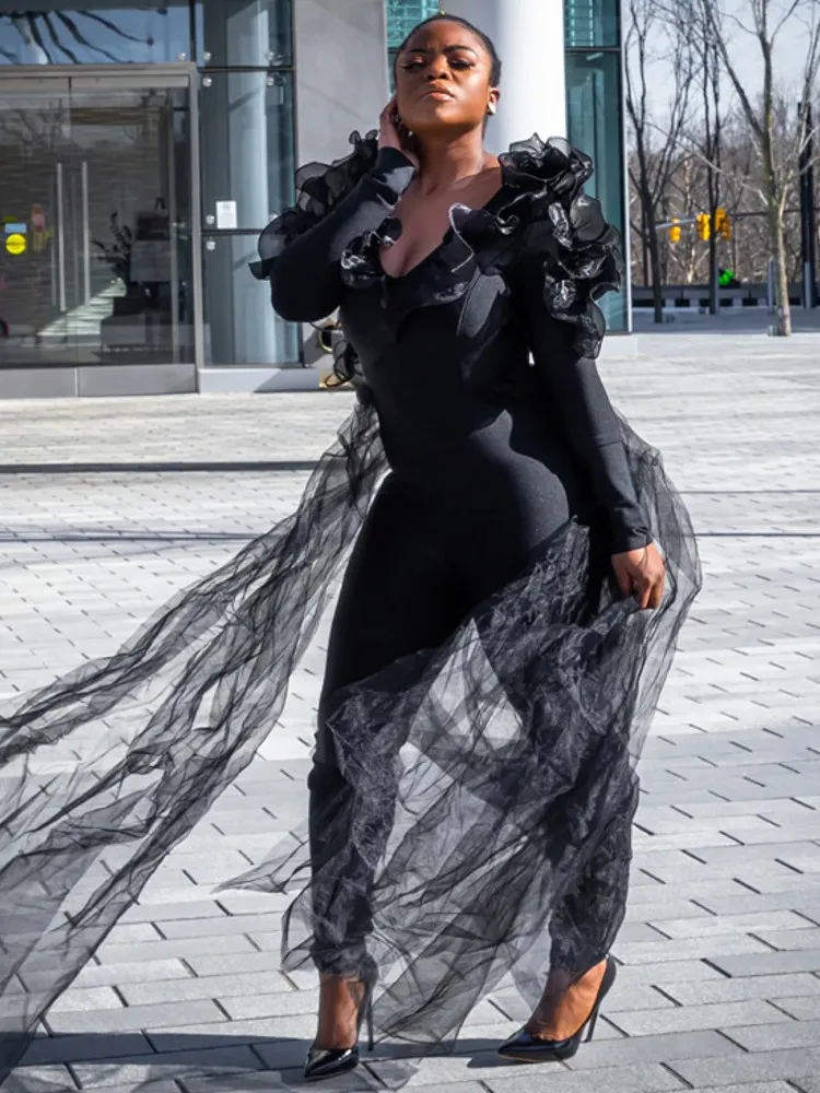 

2023 Spring Dashiki Africa Women Long Pencil Jumpsuits Long Sleeve Black Party Wear Celebrate Pleated Rompers Overalls Jumpsuits