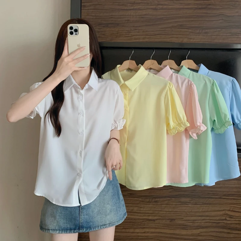 

Korean Fashion Short-sleeved Shirt Women Summer 2023 Elegant Single Breasted Blouse Female Simple All Match Solid Color Tops