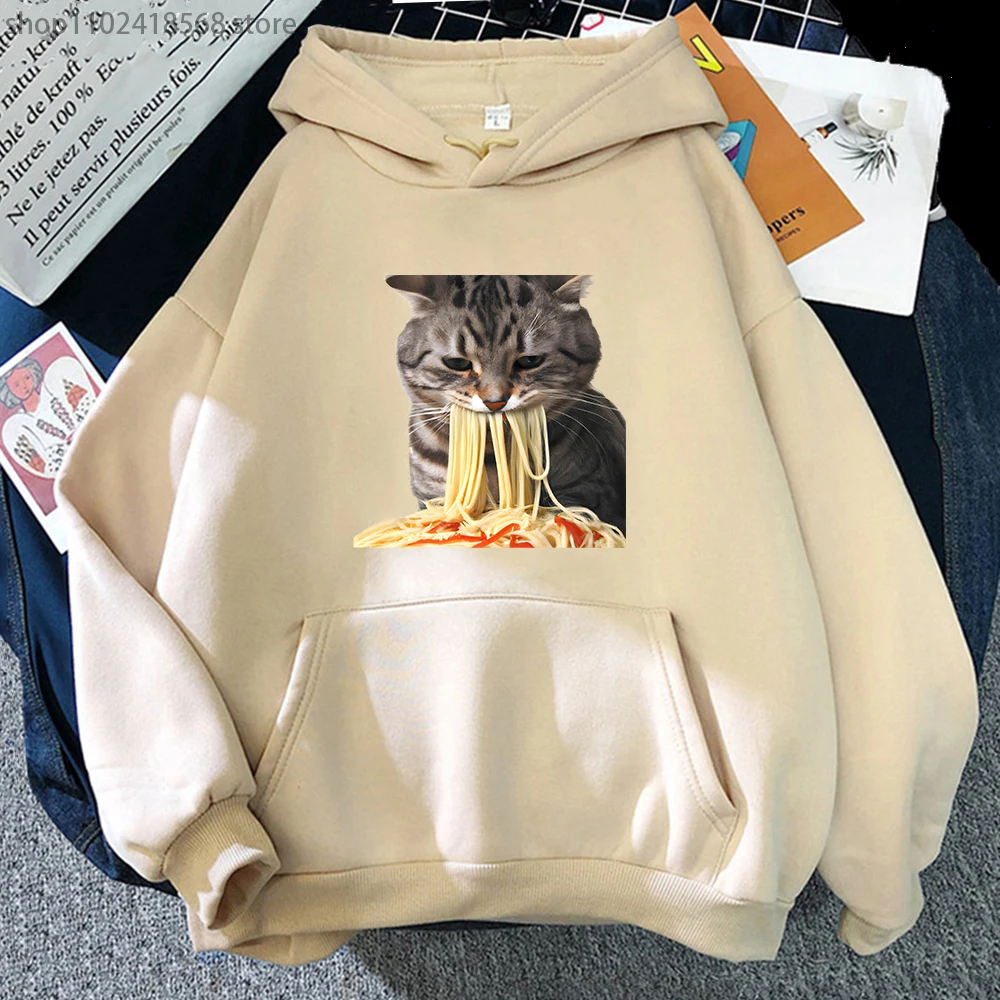 

Cat Eating Spaghetti Hoodies Women Cute Graphic Sweatshirt Y2k Clothes Harajuku Tops Kawaii Girls Streetwear Men Print Pullover