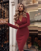 sexy spring and autumn party dress fashion deep v neck long sleeve office ladies dress plus size slim casual pencil dress s3mtds