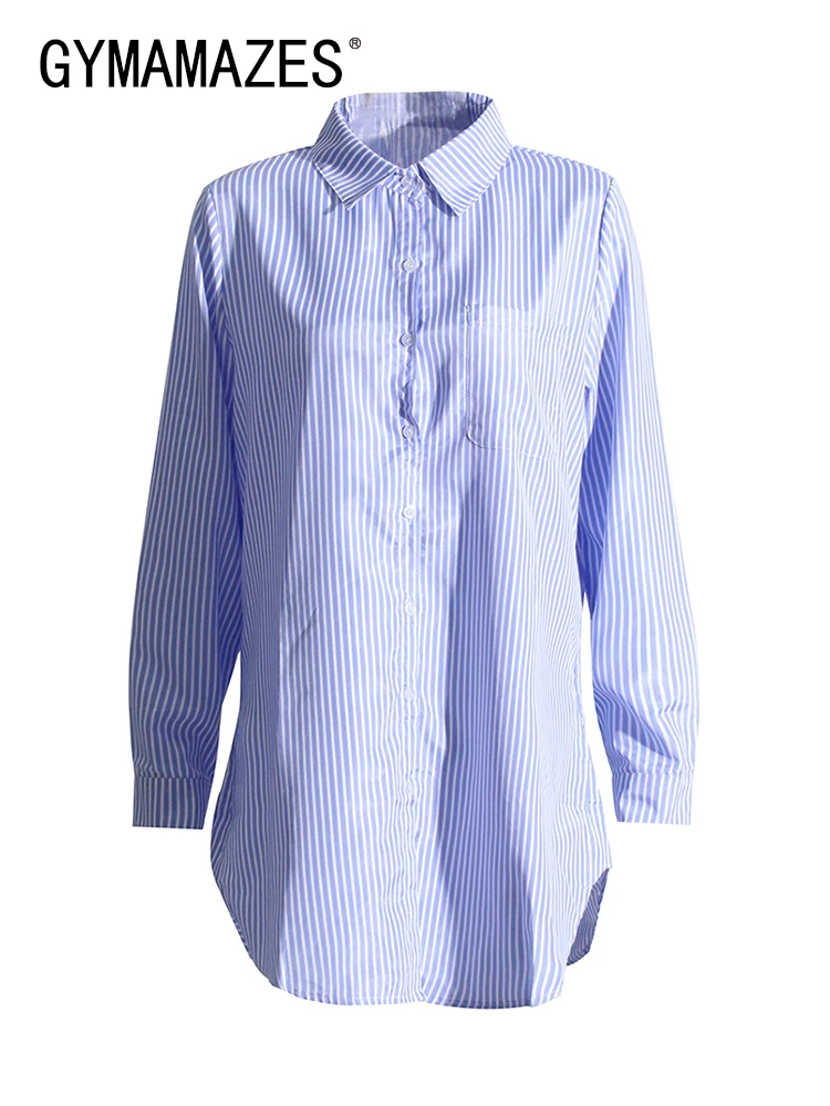 

Женская однобортная Свободная рубашка GYMAMAZES, повседневная полосатая блузка с отложным воротником и длинным рукавом, в стиле пэчворк, модная одежда, 2023