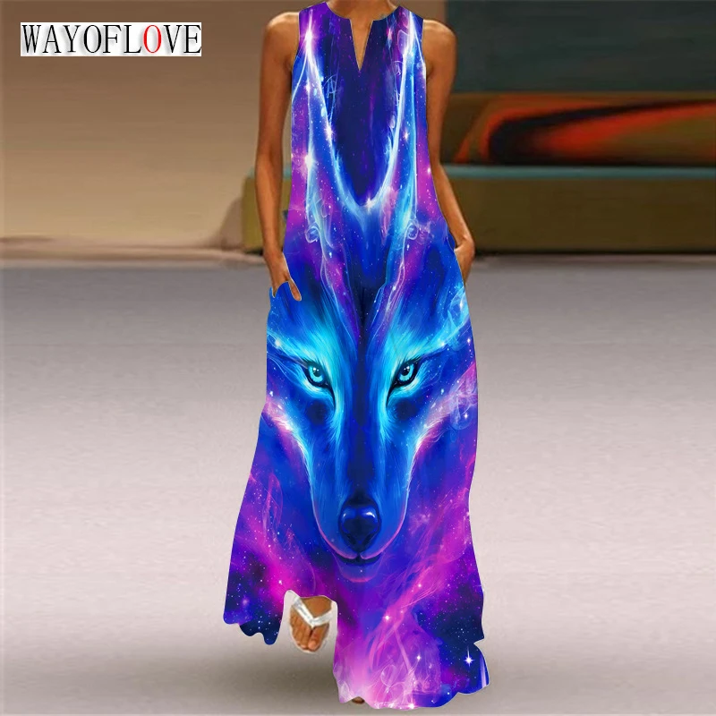 

WAYOFLOVE Ladies Spring Summer Gradient Long Dress Sleeveless V-neck Wolf Print Casual Beach Dresses Elegant Loose Vintage Dress