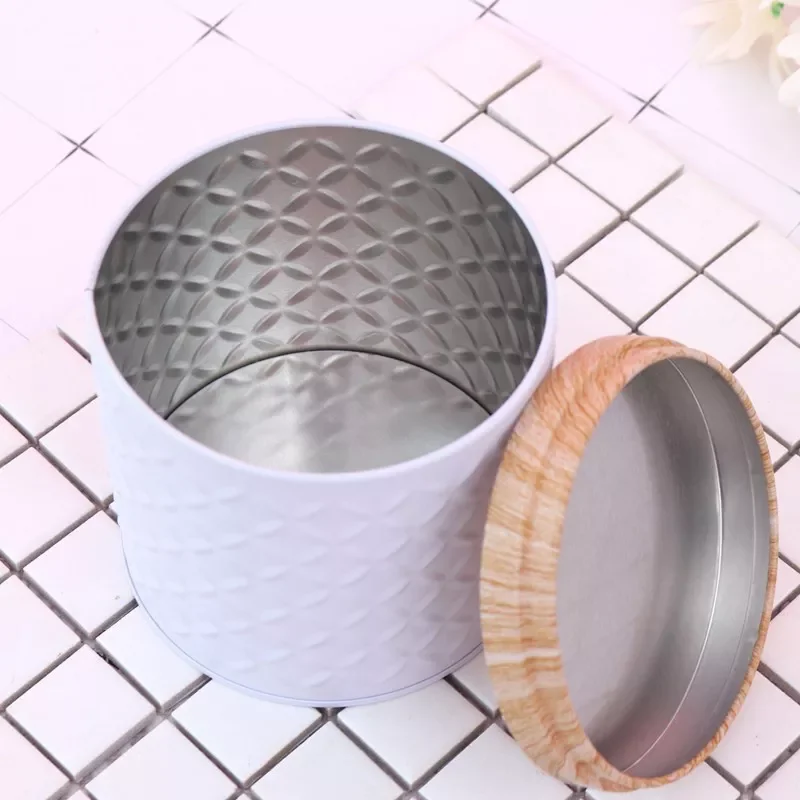

2022High Quality Round Empty Iron Box With Wood Grain Lid Candy Storage Box Diy Candle Making Jar