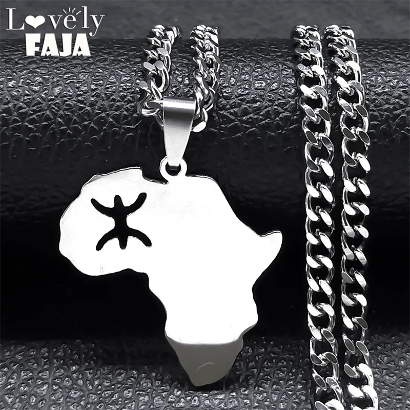 

Stainless Steel Berbers Africa Map Necklace Women Men Silver Color Amazigh ⵣ Letter Kabyle Berbere Necklaces Jewelry N8087S03
