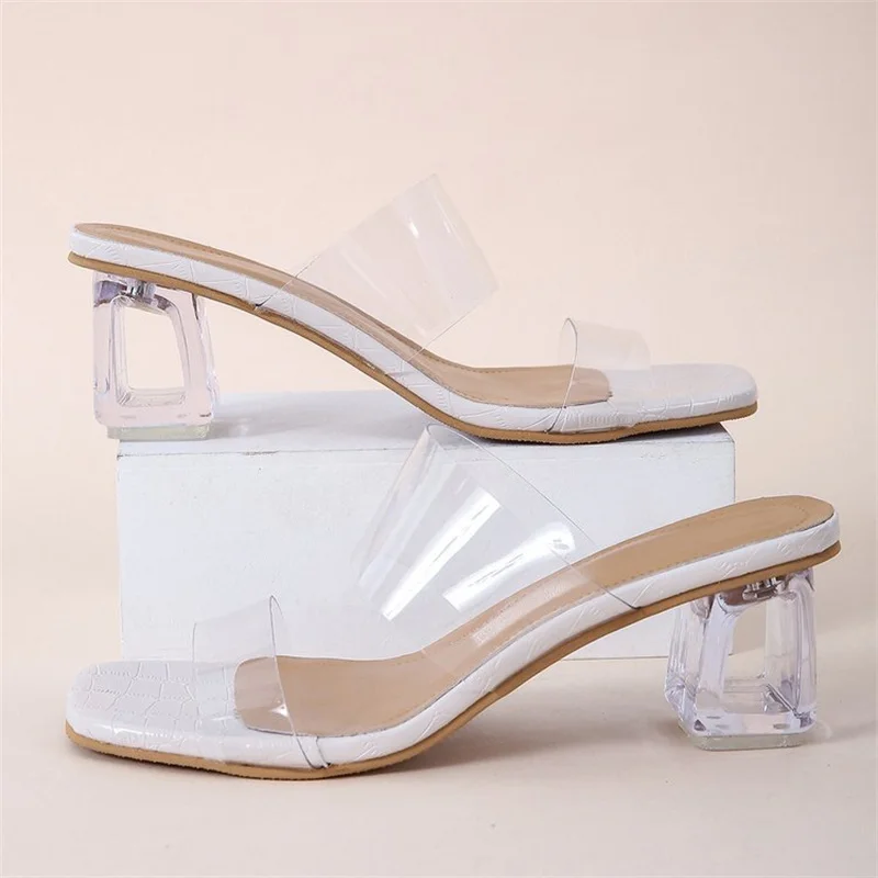 

Ladies' slippers Transparent High Heels Clear Crystal Slides NEW Summer Mules Female Sandals Women Shoes Daily Peep Toe