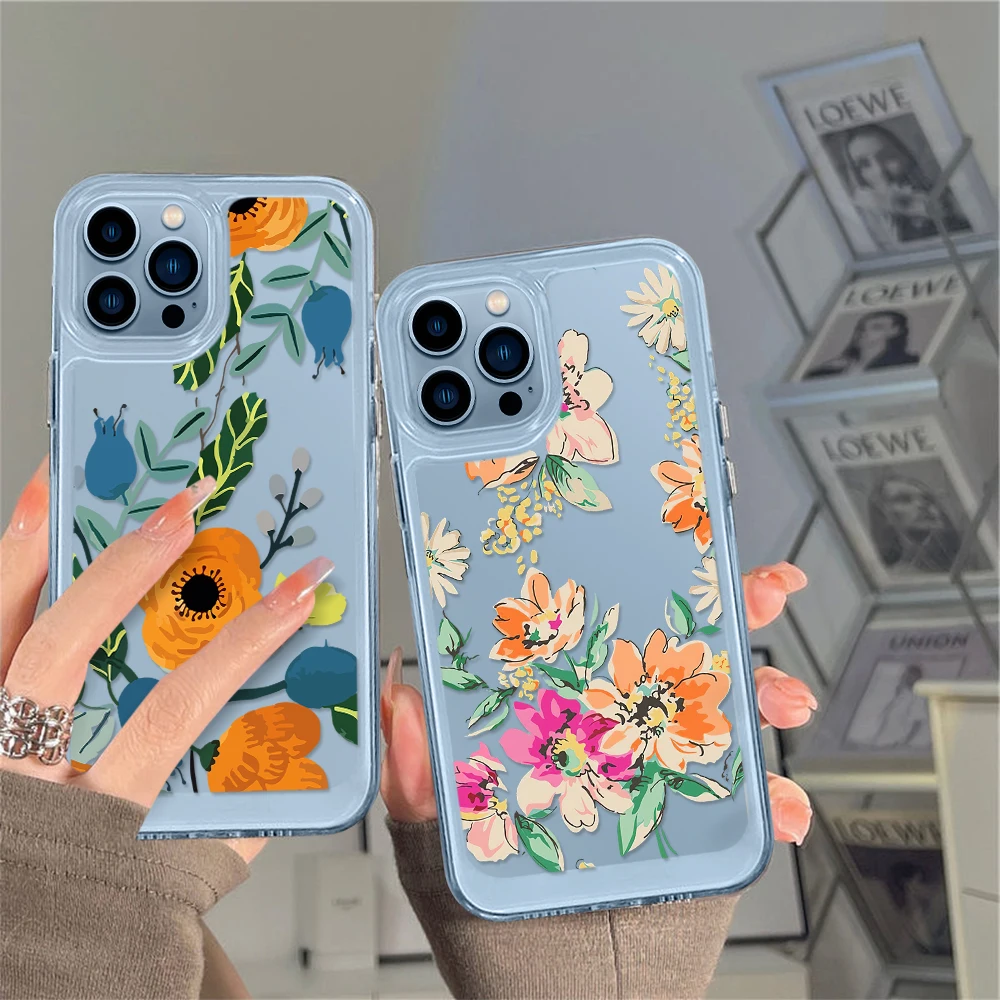 

Luxury Flower Transparent Phone Case for iPhone 14 13 12 11 Pro Max Mini XS XR X Protection Back Cover for iPhone14promax Coque