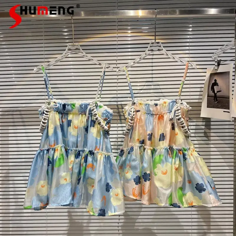 

Ladies 2022 Summer New Classic Style Elegant Metal Chain Colorful Beach Dress Women's Fashion Sexy Above Knee Suspender Dress