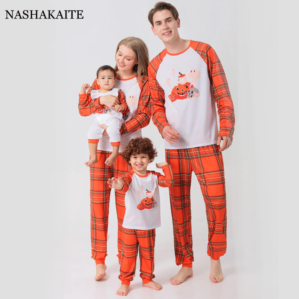 Orange Plaid Halloween Matching Family Outfits Pajamas mommy and me pumpkin print Clothes Mother and Daughter Family Look