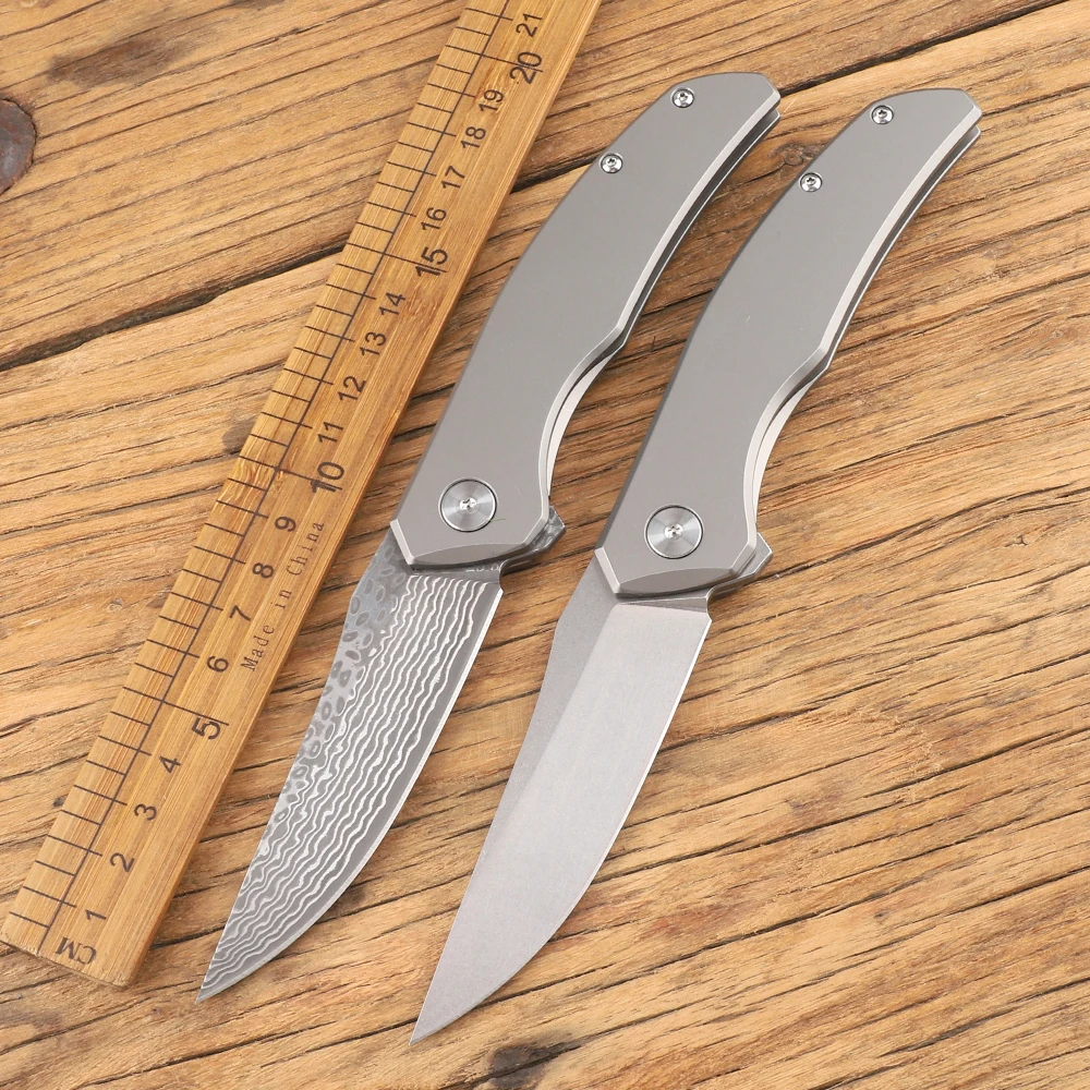 D2+Damascus pocket folding knife titanium alloy handle survival outdoor camping hunting fruit knife EDC