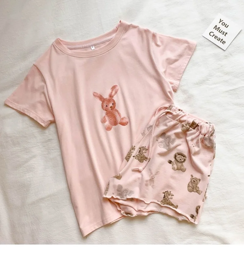 XEJ Pijama Kawaii Cartoon Lion Print Pajamas Women Summer Loungewear Home Clothes for Women Sleepwear Pyjamas Women Nightwear