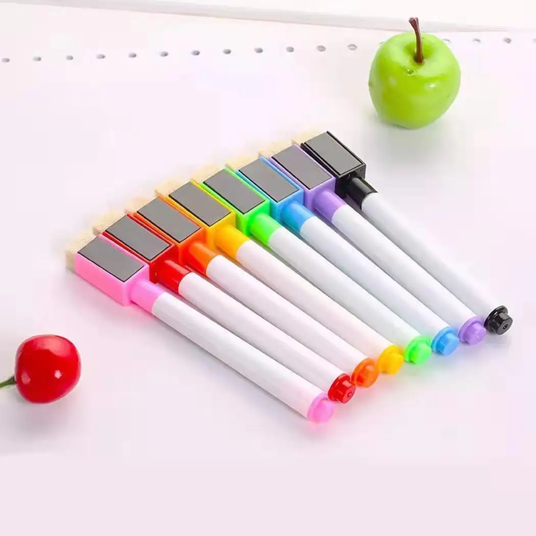 

8 Pcs/lot Colorful Black School Classroom Whiteboard Pen Dry White Board Markers Built In Eraser Student Children's Drawing