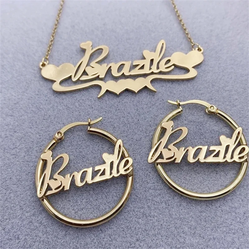 Customized Jewelry Sets 14K Gilded Nameplate With Heart Jewelry Set Stainless Steel Personalized Name Necklace and Hoop Earrings