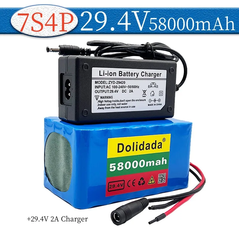 

New 7S4P 24V 58000mah 29.4V FOR Lithium-ion battery pack Built-in BMS electric bike unicycle scooter wheelchair motor + charger