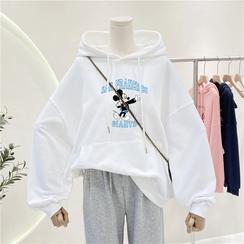 

Новинка 2022, толстовка с капюшоном с Микки Маусом, модные толстые теплые шикарные женские толстовки в Корейском стиле, крутые Белые Черные Се...