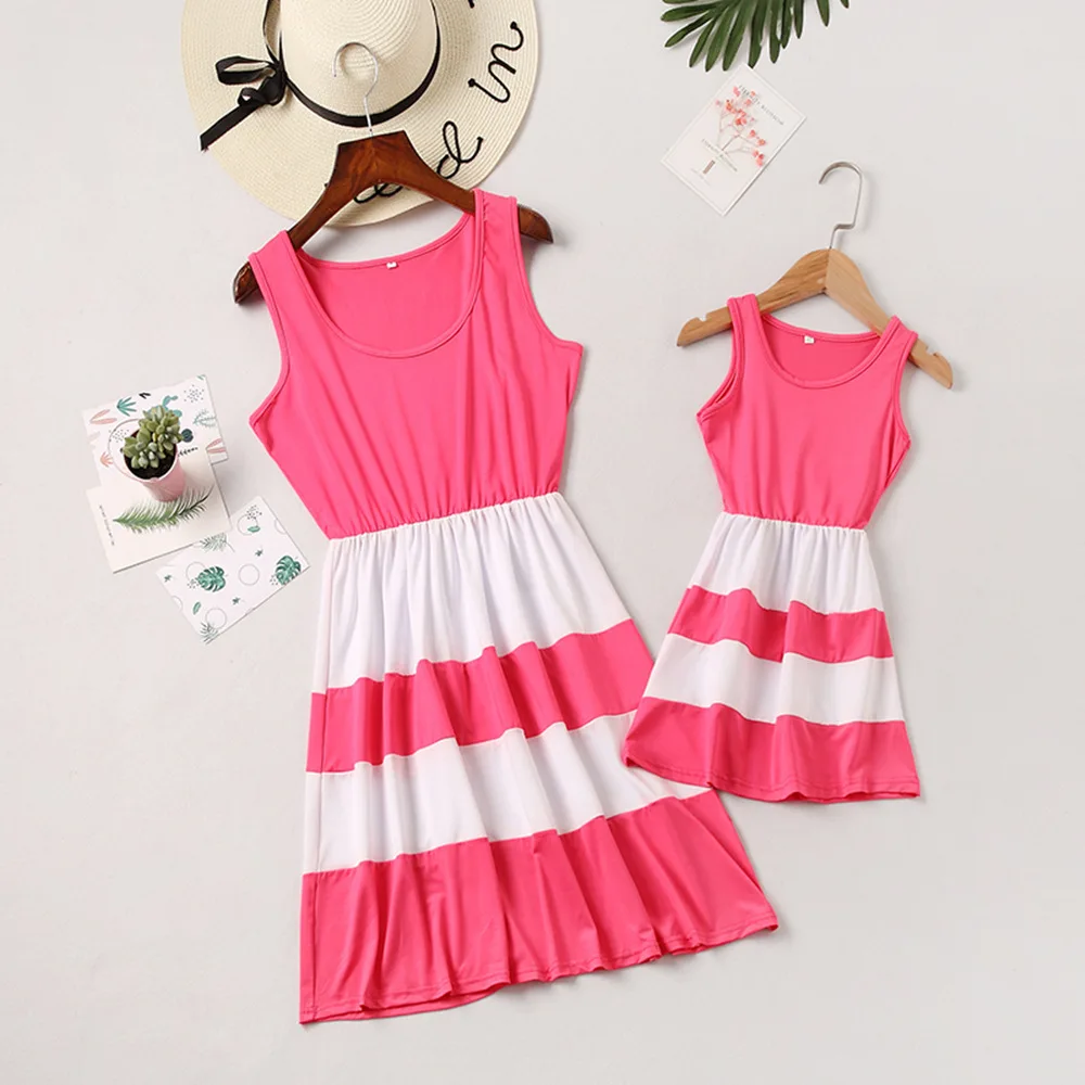 2022 new spring and summer stitching mother-daughter vest dress parent-child children's striped dress mother striped dress