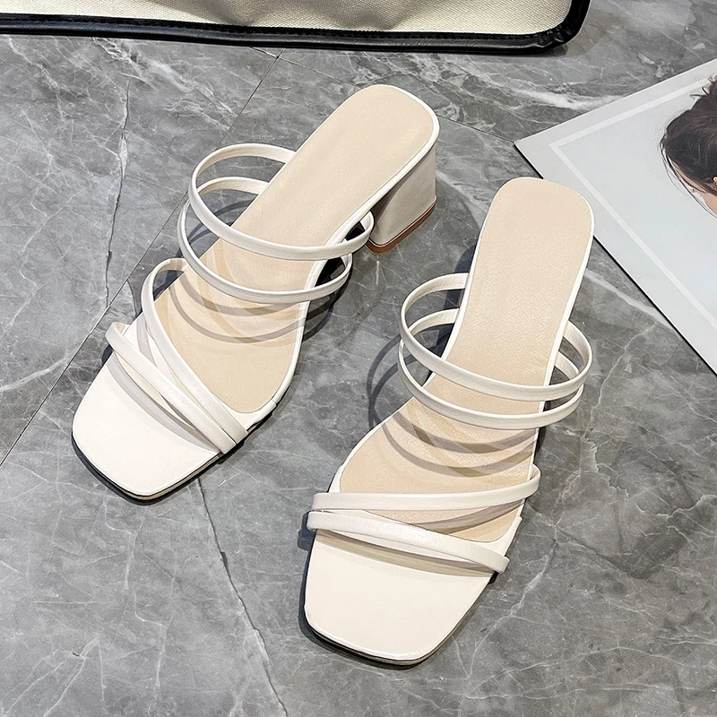 

High Heels Slides Women Summer Shoes Women Fashion Thick with Open Toe Sandals Sexy Riband Slip-On Sandals Casual Party Shoes