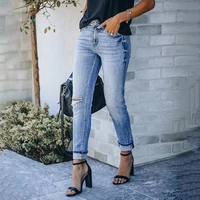 women elastic mid waist pencil jeans vintage washed slim ripped skinny pants fashion do old denim trousers for female pantalones