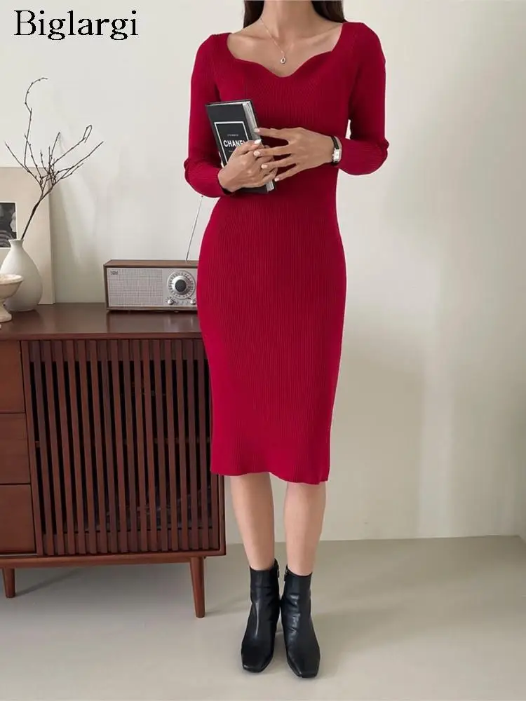 

Knitted Autumn Midi Dress Women V Neck Bodycon Fashion Office Ladies Dresses Korea Style Long Sleeve Woman Dress 2023