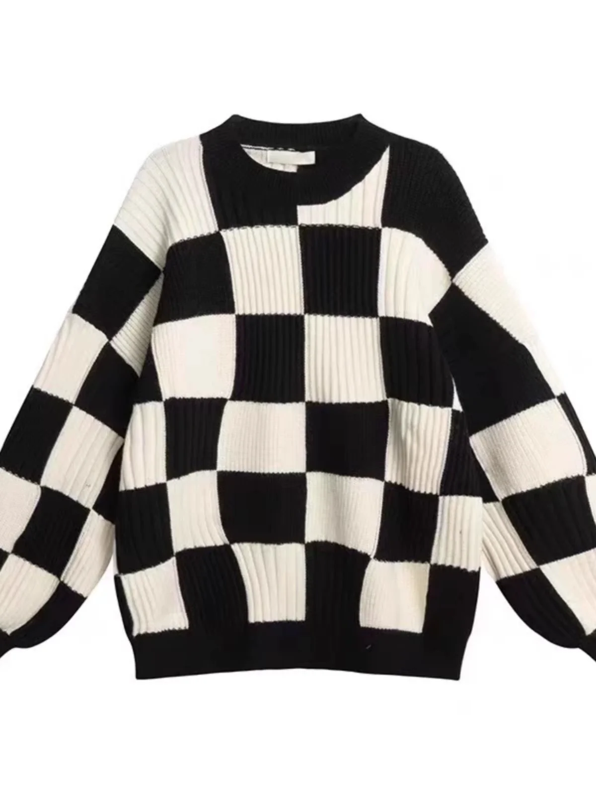 Ретро Гонконг Sle Chessboard Grid Свитер Женский с круглым вырезом Осень и зима Новый