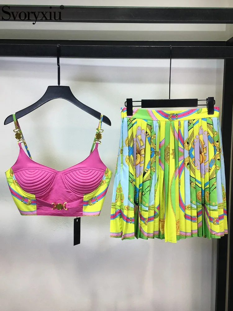 

Женский костюм с юбкой Svoryxiu, разноцветный костюм с винтажным принтом, короткий жилет на бретельках и плиссированная полуюбка с обычной талией на лето 2019