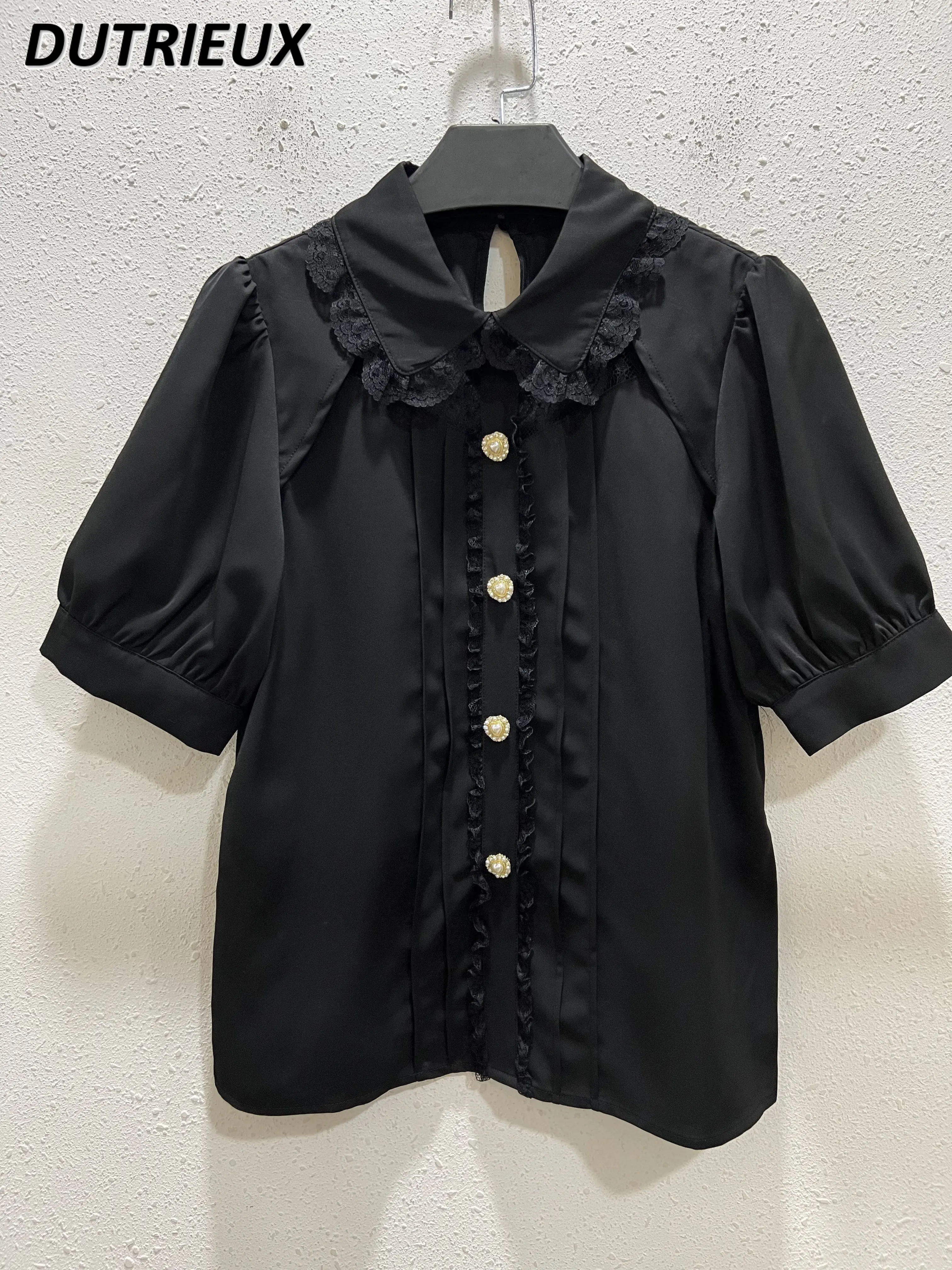 

Japanese Style Rojita Blouse Female Bow Color Spring Summer Women's Short Sleeve Tops Lolita Style Pearl Buckle Casual Shirt Top