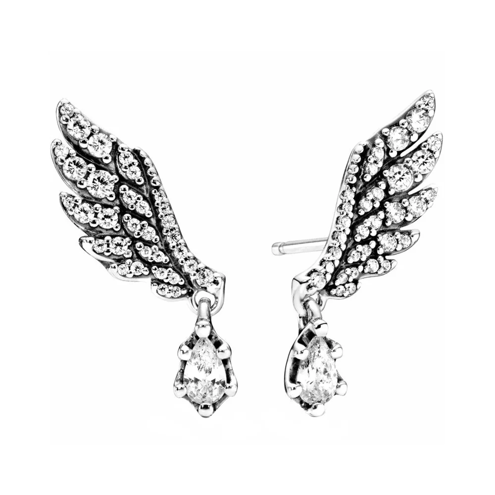 Подходит для Pandora 925 пробы, Серебряные подвесные серьги-гвоздики в виде ангельских крыльев для женского банкета или юбилейного подарка