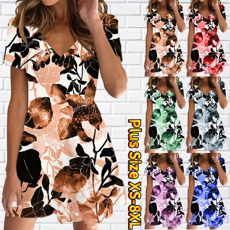 

Summer Daily Retro Slim Skirt Women's Sexy Slim Dress V-Neck Knee-length Skirt Fashion New Design Printing Short Sleeve Skirt