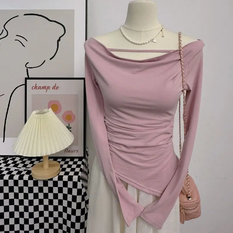 

BEENLE Korean Fashion Blouses 2023 Spring Summer Long-sleeved T-shirt Slim Swing Neck One Line Shoulder Top Thin Pullovers
