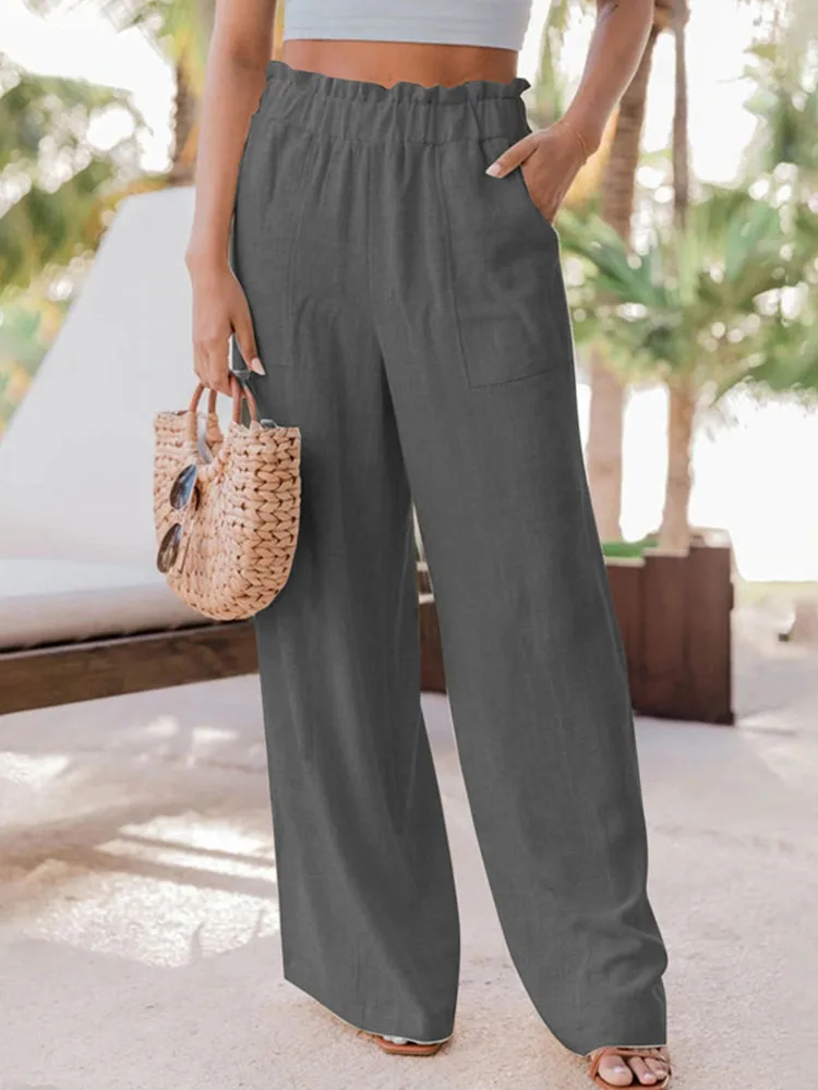 

Модные широкие брюки с оборками 2022, шикарные брюки, Новые однотонные брюки с двумя карманами и высокой талией, повседневные свободные женск...