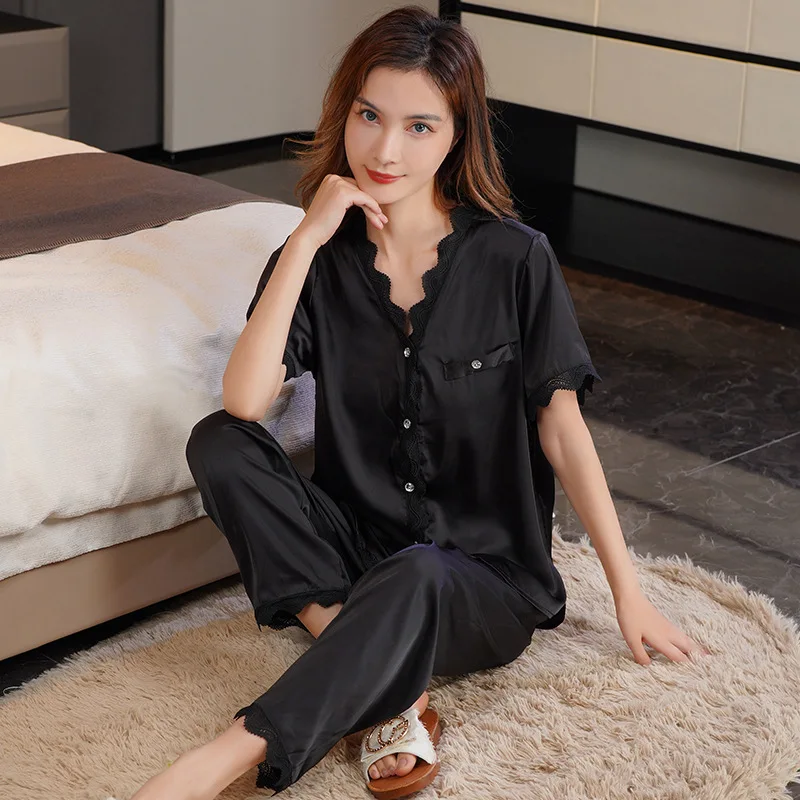 Summer Sleepwear for Women Silk Cool Feeling Short-sleeved Trousers Sexy Pajamas Two Pieces Suit Leisure and Smooth Loungewear