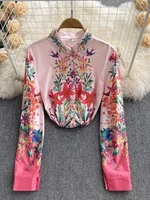 new spring summer fall runway vintage floral print collar long sleeve womens party casual ol work top shirts blouse m1157