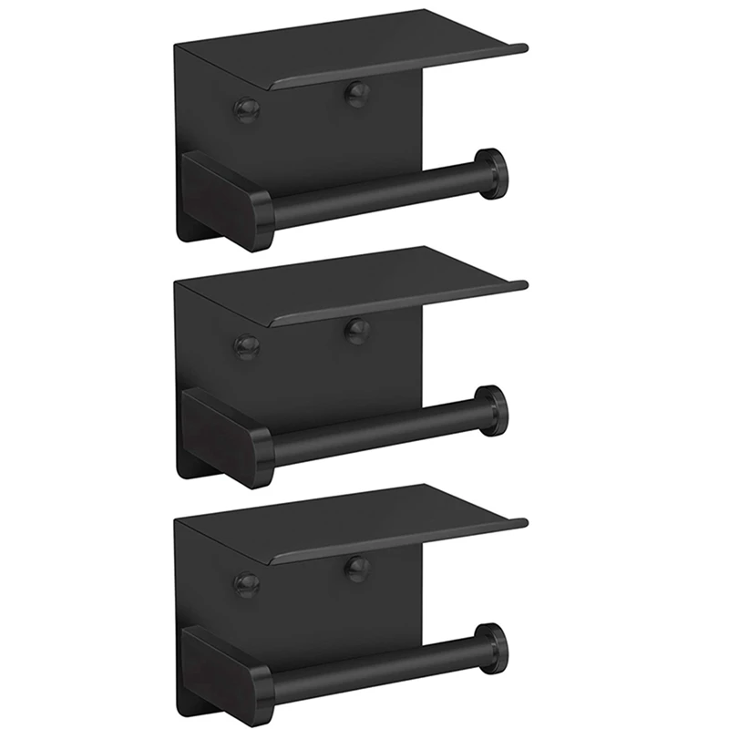 

3X Toilet Paper Holder With Phone Shelf SUS 304 Stainless Steel Wall Mounted Toilet Paper Roll Holder Black
