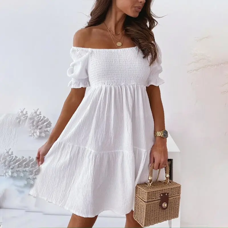 

Solid Color Backless Dress Women Summer Short Sleeve Cold Shoulder Party Dress Elegant Casual Vintage Ladies Sundress Summer