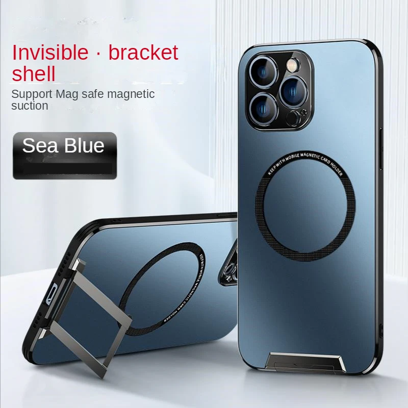 

New Luxury Magnetic Metal Lens Stand Matte Phone Case For iPhone 14 13 Pro Max For Mag Wireless Magnet Charging Back Cover Cases