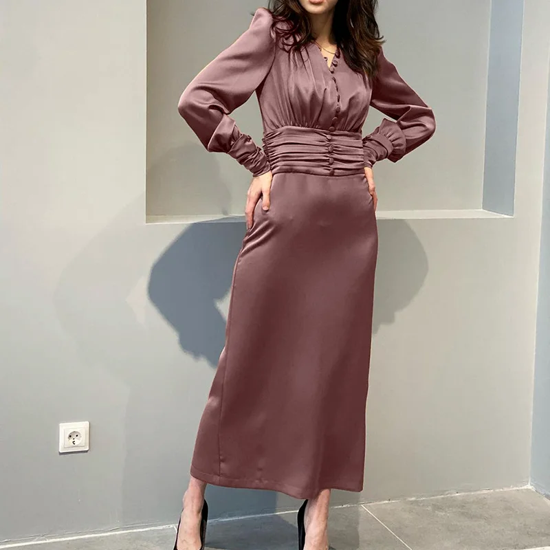 

Temperament V-neck Waist Slim-fit Single-breasted Elegant Long Skirt Tight-fitting Party Robe Ladies Satin High-waisted Dress