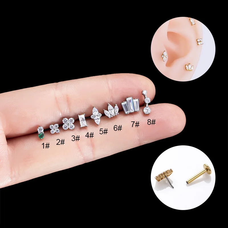 

1PC Titanium G23 ASTM F136 Stud Ear Tragus Cartilage Earrings 16G Push In Labret Lip Zircon Lobe Helix Piercing Body Jewelry
