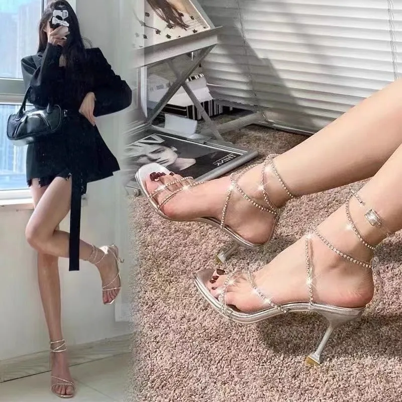 

Women's High Heels Thin Sexy 2022 Summer High Heel Lace Up Slingback Roman Sandals Rhinestone Stilettos