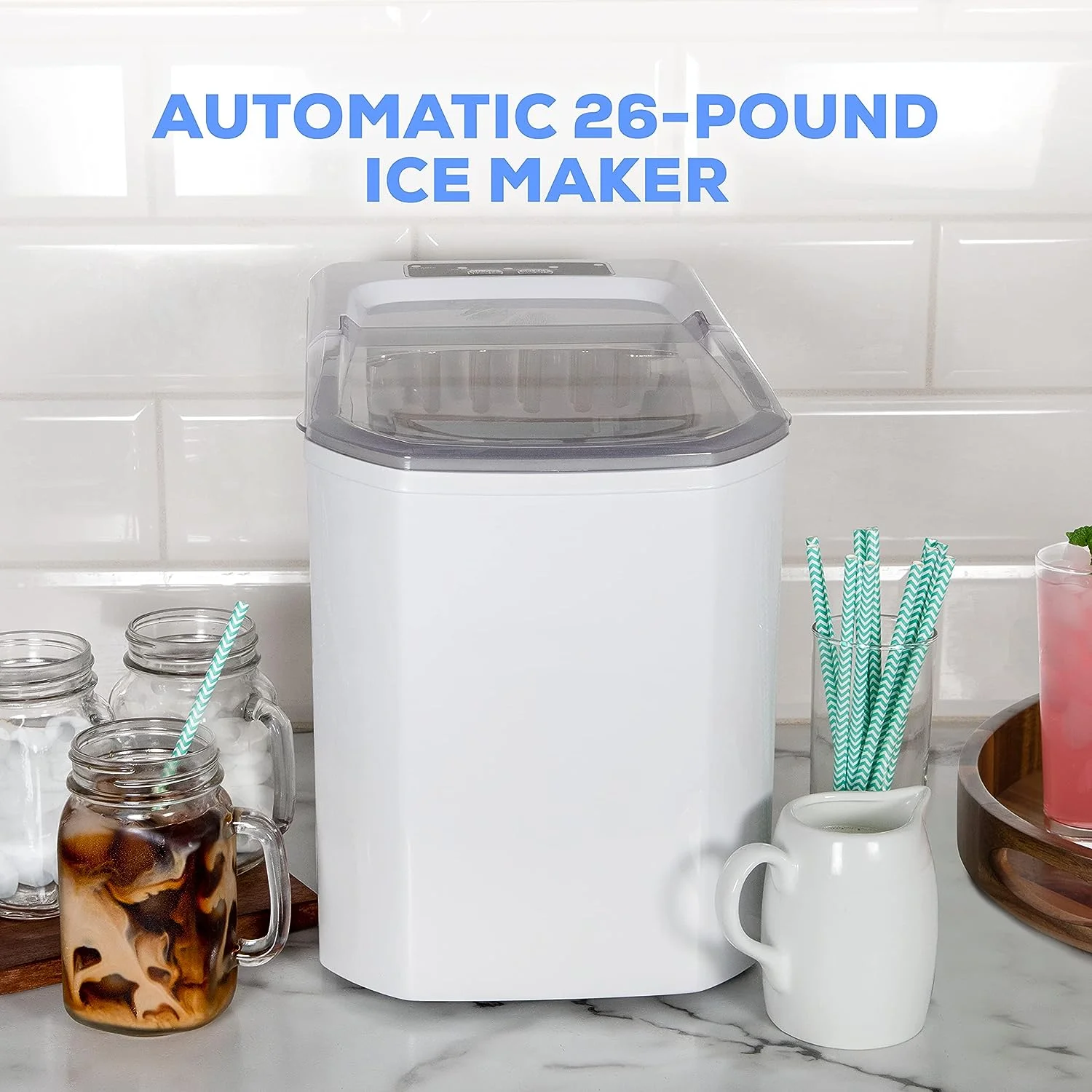

Self-Cleaning 26-Pound Ice Maker, Countertop Size, Large or Small Cubes, LED Control Panel, Scoop Included, White