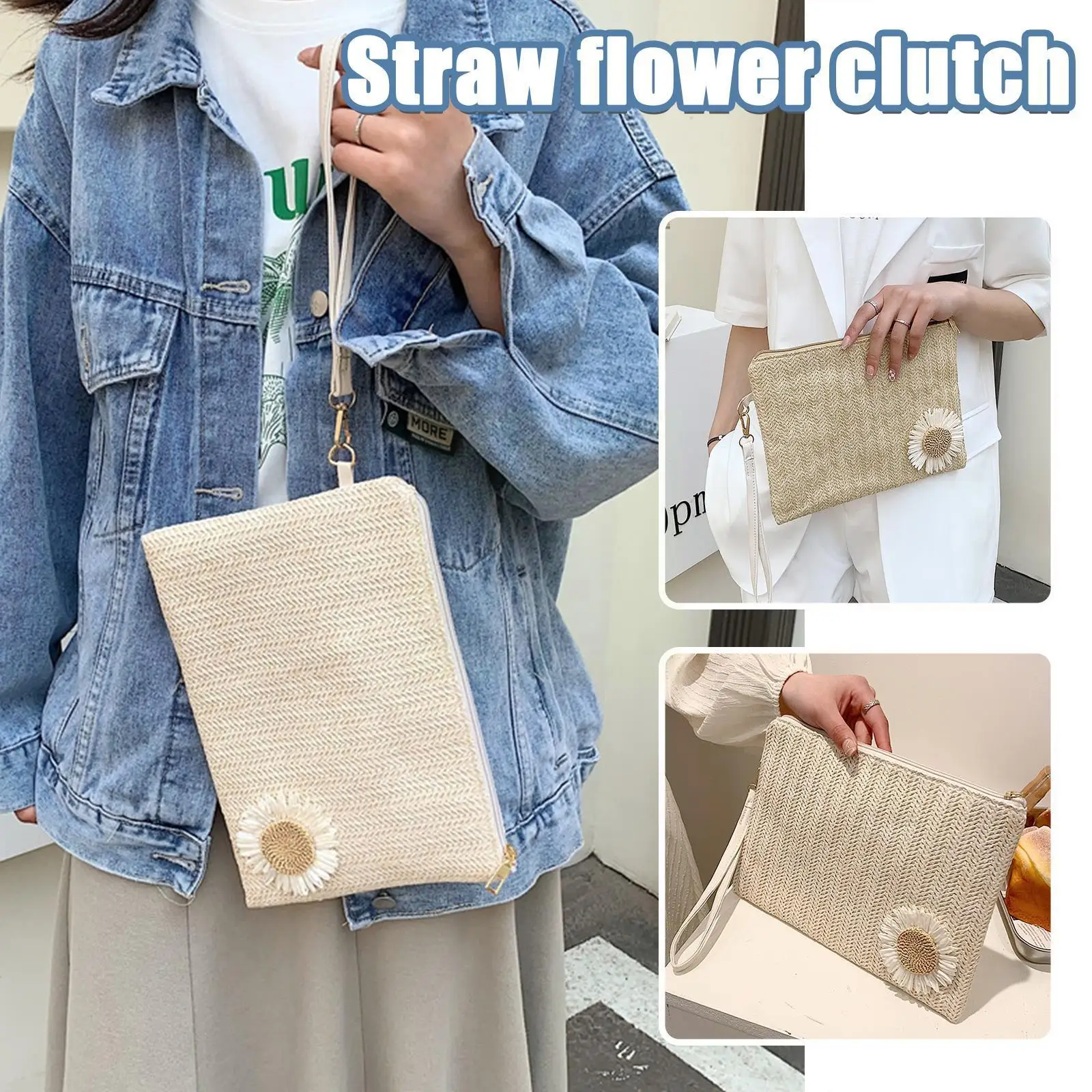

Соломенный клатч с цветами, плетеная Сумка, модный Дамский кошелек с ремешком на руку, клатч, пляжный клатч для мелочи, тканый клатч C8F2